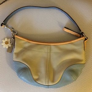 Coach Shoulder Bag Beige Canvas Blue Leather